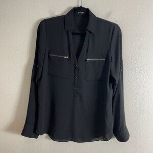 Express Womens Small Pullover Blouse Zipper Pockets Roll Tab‎ Sleeve Shirt Black
